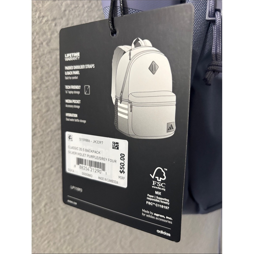 Adidas Classic 3S 5 Laptop Backpack Purple/Gray 19" Travel School GIFT NEW - Picture 4 of 11